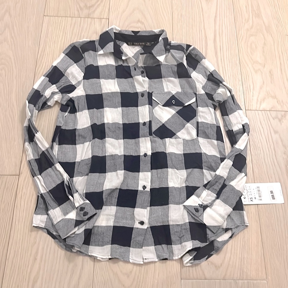 NWT Zara Basic Navy Plaid Silk Chiffon Back Shirt Blouse XS